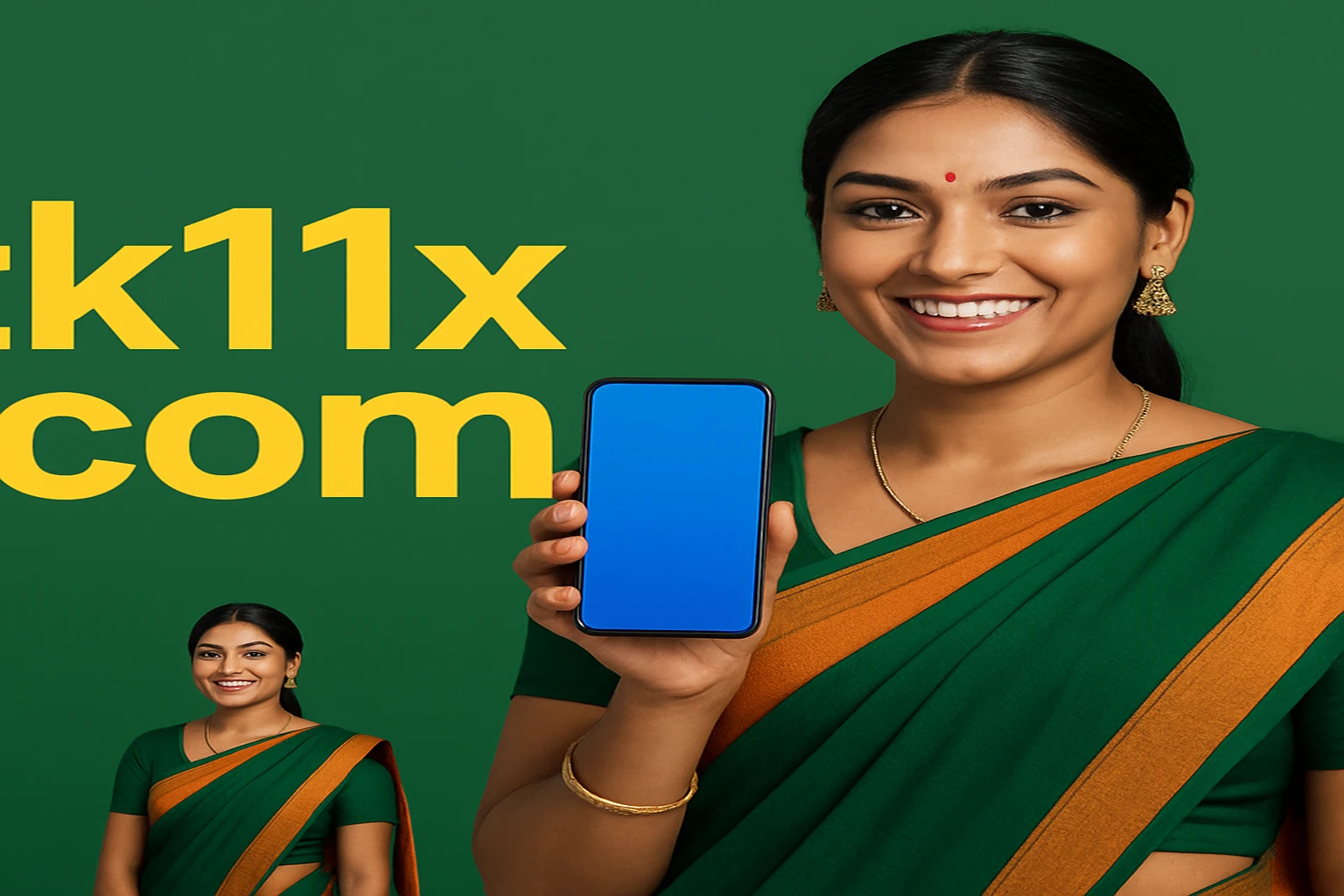 tk11 মোবাইল অ্যাপ ডাউনলোড প্রচারণার জন্য স্মার্টফোন হাতে ঐতিহ্যবাহী পোশাক পরা নারী
