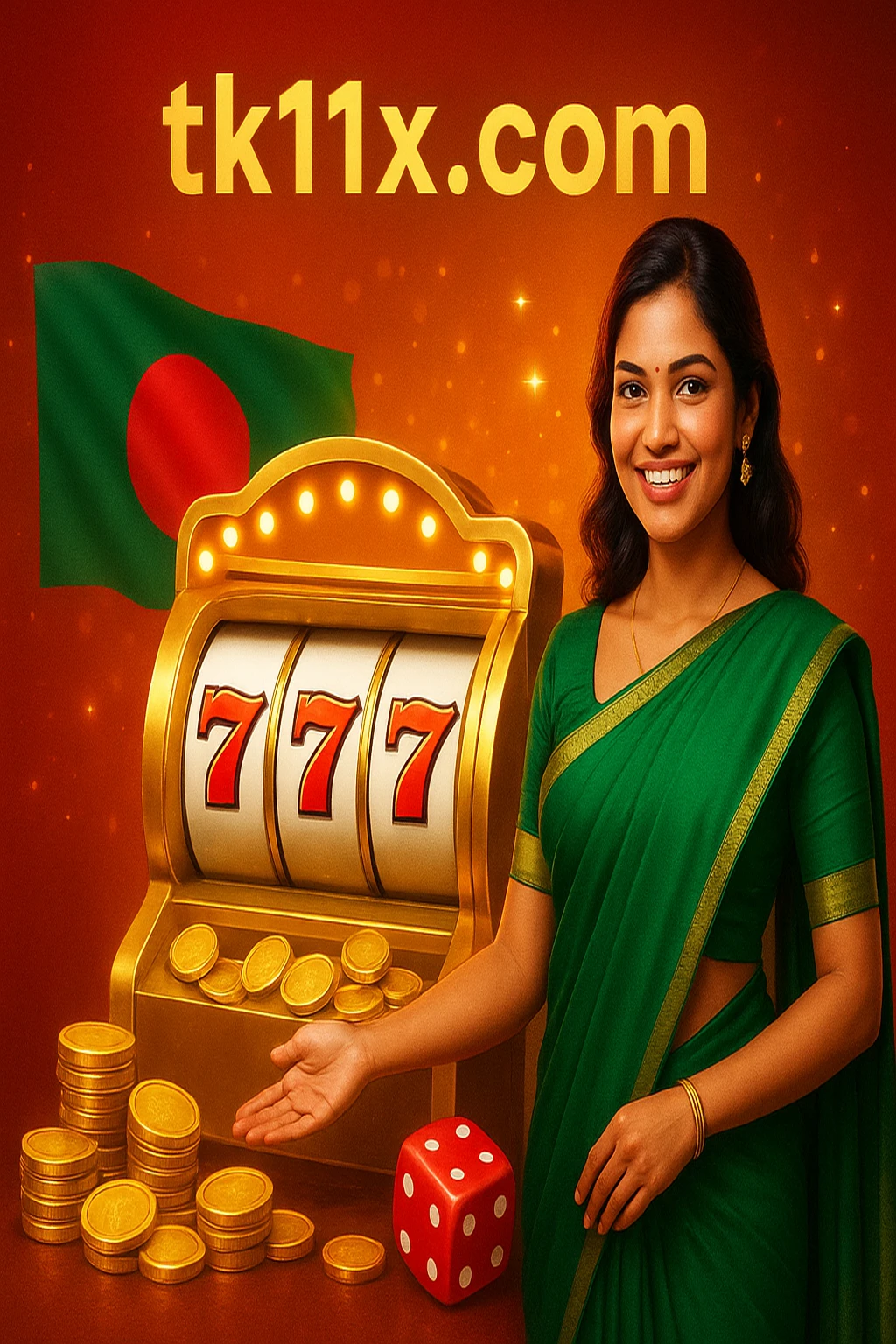 tk11 গেমিং প্ল্যাটফর্মের বোনাস-প্রচারের ছবিতে বাংলাদেশের নারী সবুজ সাড়ি পরে কার্ড ধরে আর্কেড গেম খেলছেন; সঙ্গে পাশা ও স্বর্ণ মুদ্রা ছড়িয়ে আছে, এবং পটভূমিতে বাংলাদেশের পতাকা দেখা যাচ্ছে।