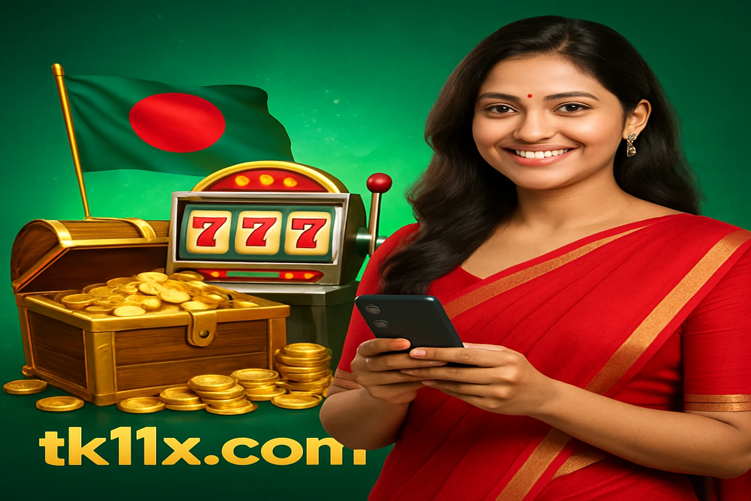 tk11 গেমিং প্ল্যাটফর্মের বোনাস-প্রচারের ব্যানারে বাংলাদেশের একজন নারী লাল সাড়ি পরে স্মার্টফোন ধরে কার্ড করছেন; সঙ্গে আরকেড গেম, খাজানা বাক্স ও পাশা আছে, এবং পটভূমিতে বাংলাদেশের পতাকা স্পষ্ট দেখা যাচ্ছে।